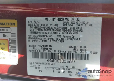 2014 Ford Fusion Se из США, поврежденный, VIN 3FA6P0H78ER386557